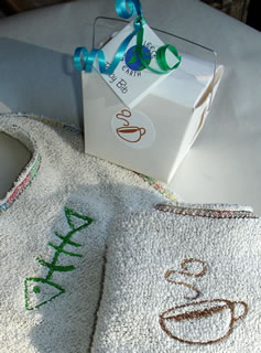 Two Bibs and Take-Out Packaging